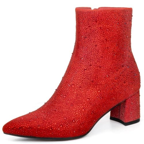 MISSMILLER Rhinestone Chunky Heel Pointed Toe Ankle Boots for Women — Red-rhinestone