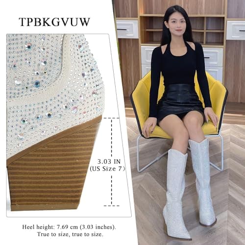 TPBKGVUW Women's Sparkly Rhinestone Knee High Cowgirl Boots