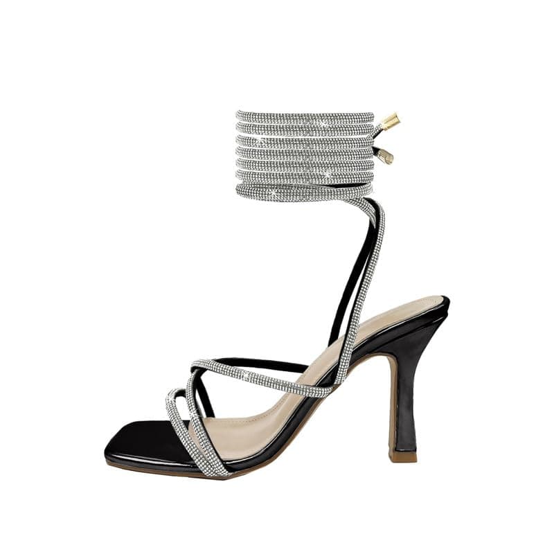 Baffoloo Women's Rhinestone Strappy Stiletto Heeled Square Toe Sandals