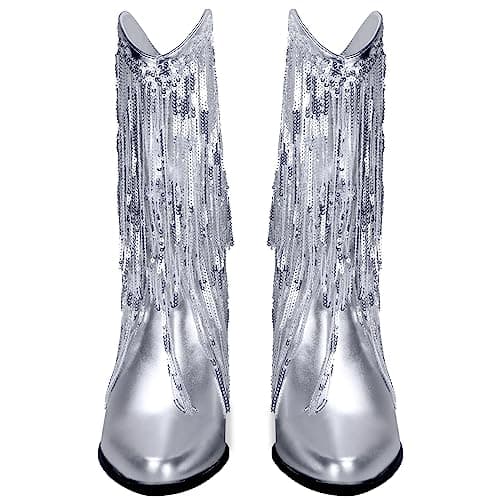 BIUBAKUA Women's Metallic Fringe Cowboy Boots with Tassels