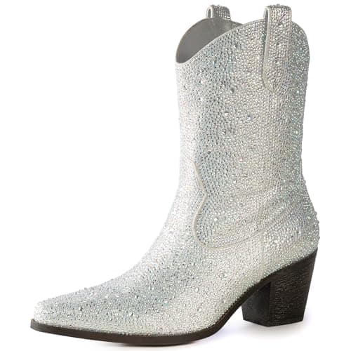 MISSMILLER Women's Sparkly Rhinestone Mid Calf Boots with Pull-OnTabs — Silver