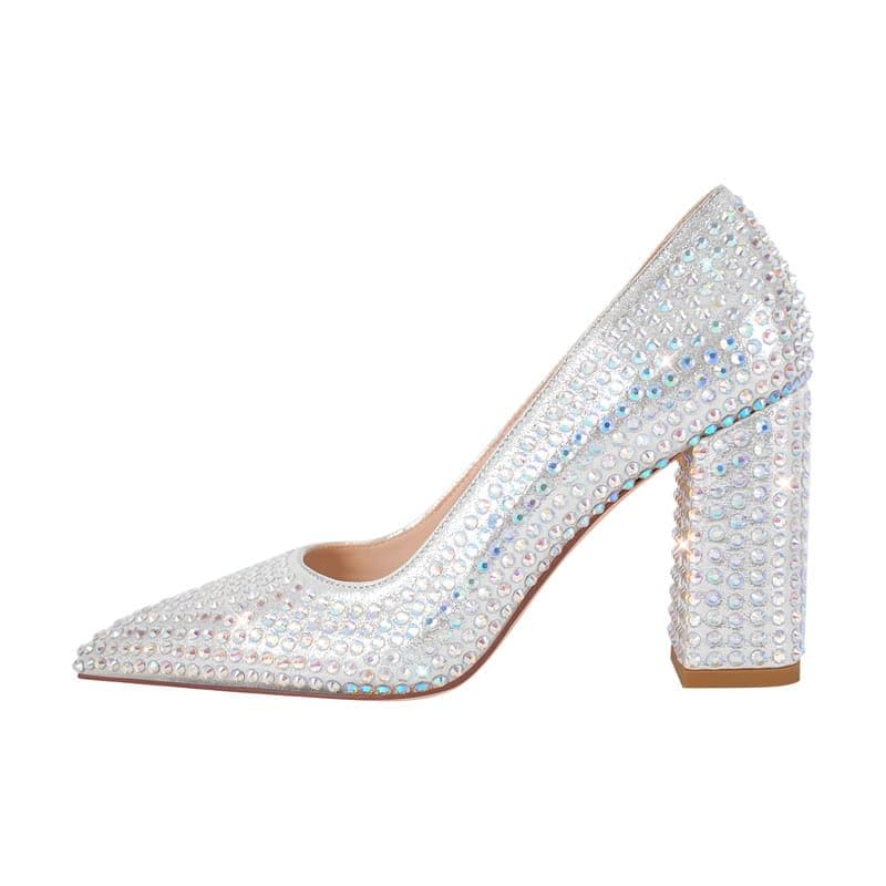 Richealnana Women's Rhinestones Pointed Toe Stiletto High Heels — Silver-block4inch
