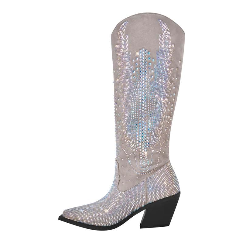 LISHAN Women's Rhinestone Knee High Boots with Chunky Heel Pull-On Shoes — Silver 6.5cm Heel