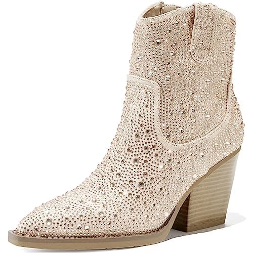 OOHRHN Women's Glitter Rhinestone Cowboy Booties Chunky Heel Pearl Detail — Champagne