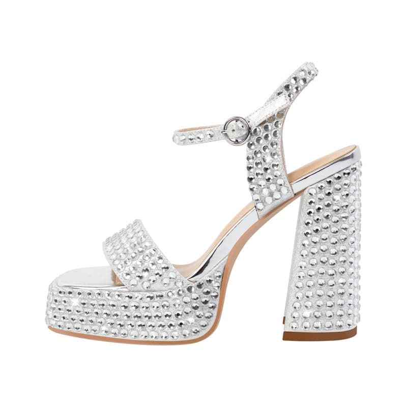 Richealnana Women's Rhinestone Platforms Chunky Heel Sandals — Silver