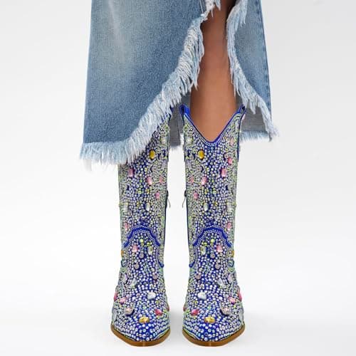 KEEISEA Women's Sparkle Rhinestone Cowboy Boots Wide Glitter Fashion Party