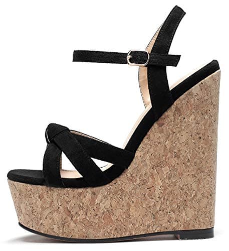 YODEKS Women's Platform Wedge Sandals-Ankle Strap Heel — Black Suede