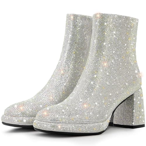 FINDVELL Chunky Heeled Sparkly Rhinestone Wedding Booties Glitter Ankle Shoes