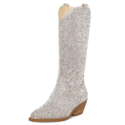 Stalov Western PointedToe Chunky Heel Knee High Cowgirl Boots — Silver Rhinestone
