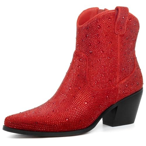 MISSMILLER Women's Sparkly Rhinestone Cowgirl Boots Pointed Toe Chunky Heels — Red
