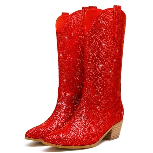 Sparkle Rhinestone Cowboy Boots for Women Western Mid Calf Glitter Pull-on Zipper Boots — Red