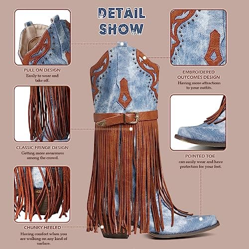 SaraIris Women's Fashion Pointed Toe Western Bootie, 2.75" Heel, Embroidered Fringe, Mid Calf Boots