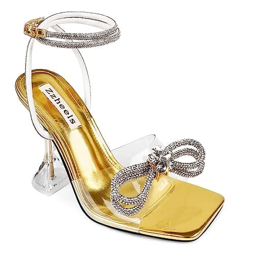 Zzheels Clear Crystal Double Bowknot Slingback Heels for Party and Weddings — 3.74"gold