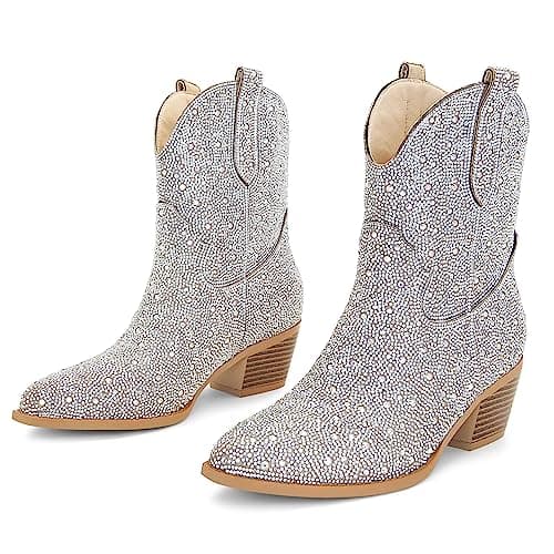 STALOV Women's Embroidered Cowgirl Ankle Boots, Pointed Toe Chunky Heel