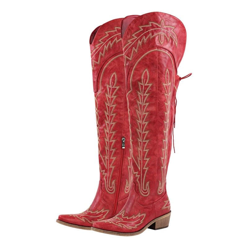 Sexytag Thigh High Western Cowboy Boots with Embroidery — Red