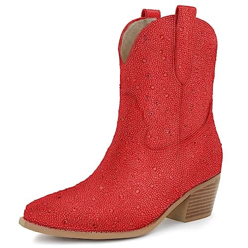 STALOV Women's Embroidered Cowgirl Ankle Boots, Pointed Toe Chunky Heel — Red Rhinestone