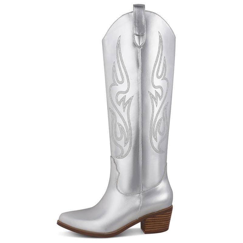 AMINUGAL Women's Black Western Knee High Cowgirl Boots, Embroidered, Chunky Heel, 13.77 inches — F-silver
