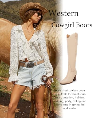 Rilista Women's Cowboy Knee High Tall Riding Boots with Chunky Heel