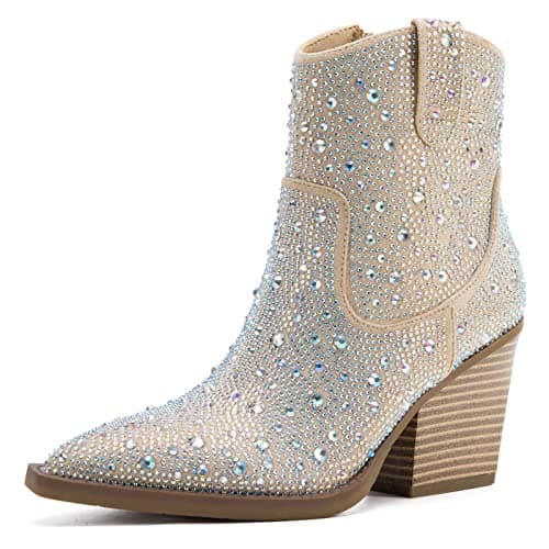 MaxMuxun Women's Sparkly Rhinestone Cowboy Boots Heel Booties