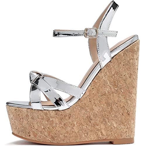 YODEKS Women's Platform Wedge Sandals-Ankle Strap Heel — Silver