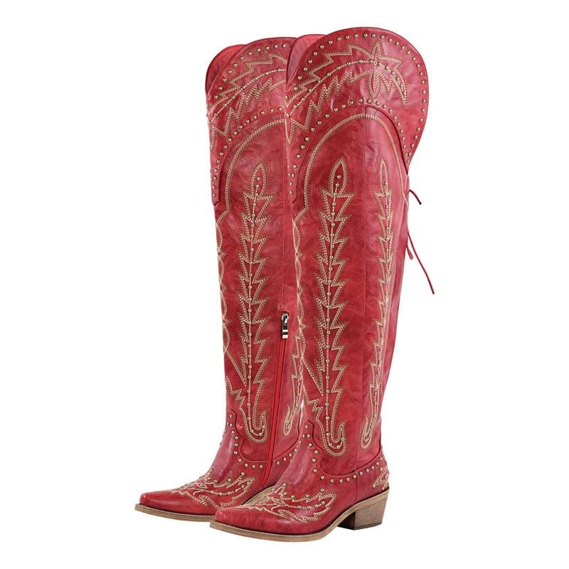 Sexytag Thigh High Western Cowboy Boots with Embroidery — Rivet Red