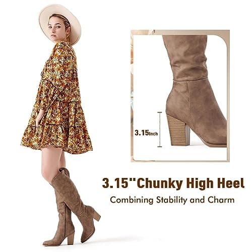 Putu Women's Knee High Faux Leather Pointed Toe Western Heel Boots