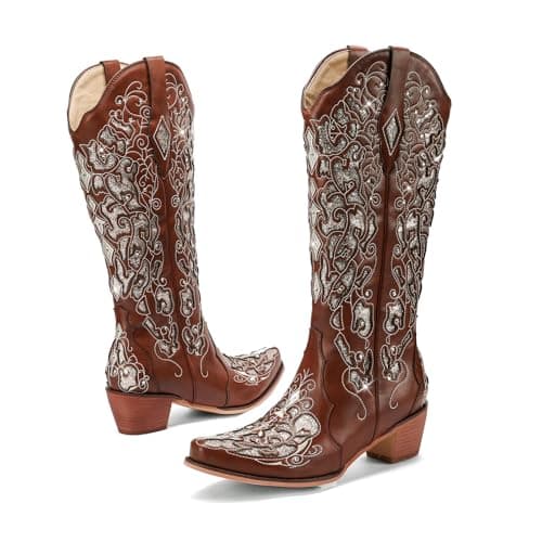 LingxiaUne Sparkly Rhinestone Western Cowboy Boot with Embroidery for Women — Brown