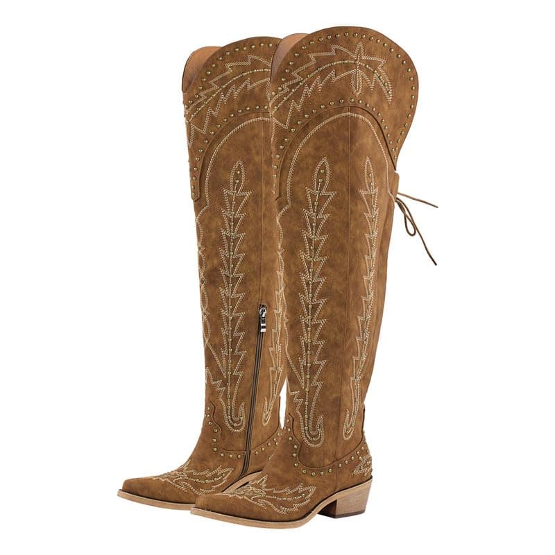 Sexytag Thigh High Western Cowboy Boots with Embroidery — Rivet Brown