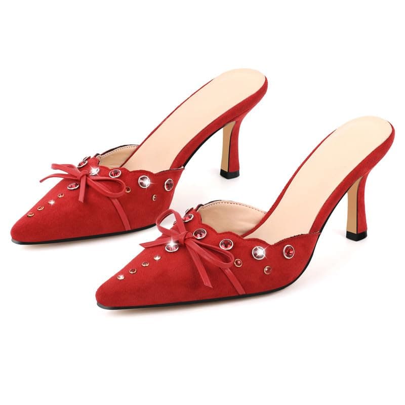 Richealnana Women's Pointed Toe Bow Mule Sandals for Party and Weddings — Red