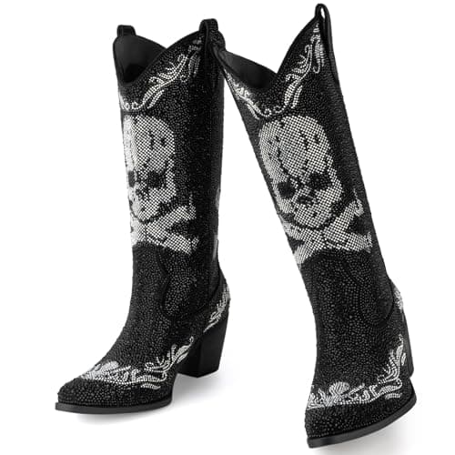 MissMiller Women's Sparkly Rhinestone Mid-Calf Cowboy Boots with Pull-On Tabs — Skull Black