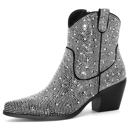 MISSMILLER Women's Sparkly Rhinestone Cowgirl Boots Pointed Toe Chunky Heels — S-black