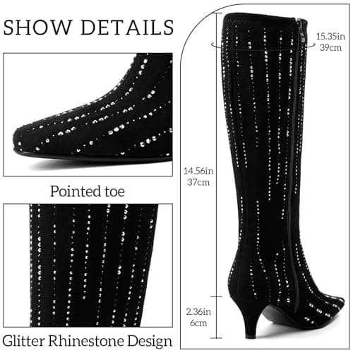 GOSERCE Women's Black Rhinestone Knee High Sparkly Stiletto Heel Boots