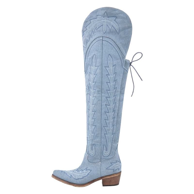Atuelang Thigh High Western Embroidered Cowgirl Boots — Denim