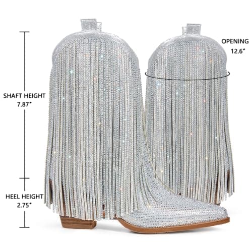 Ouepiano Women's Rhinestone Cowboy Boots with Sparkly Fringe
