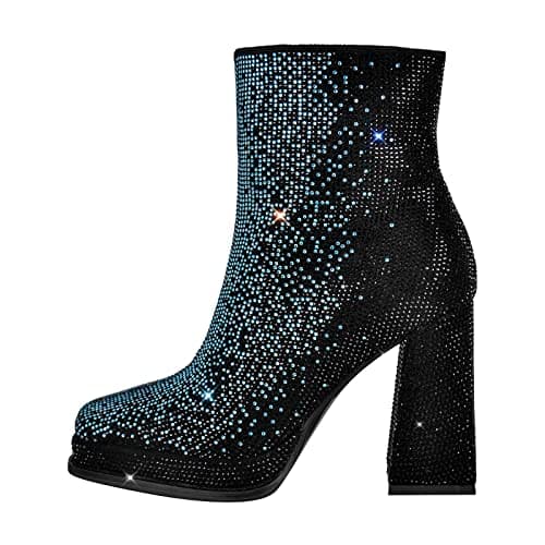 Richealnana Women's Rhinestone Chunky Heel Platform Ankle Boots