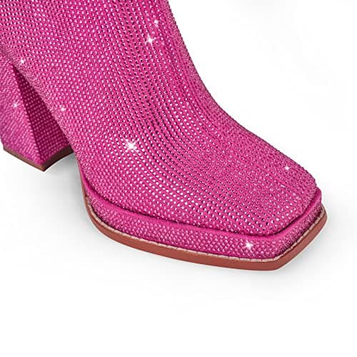 Richealnana Women's Rose Gold Chunky Heel Rhinestones Ankle Booties US 11