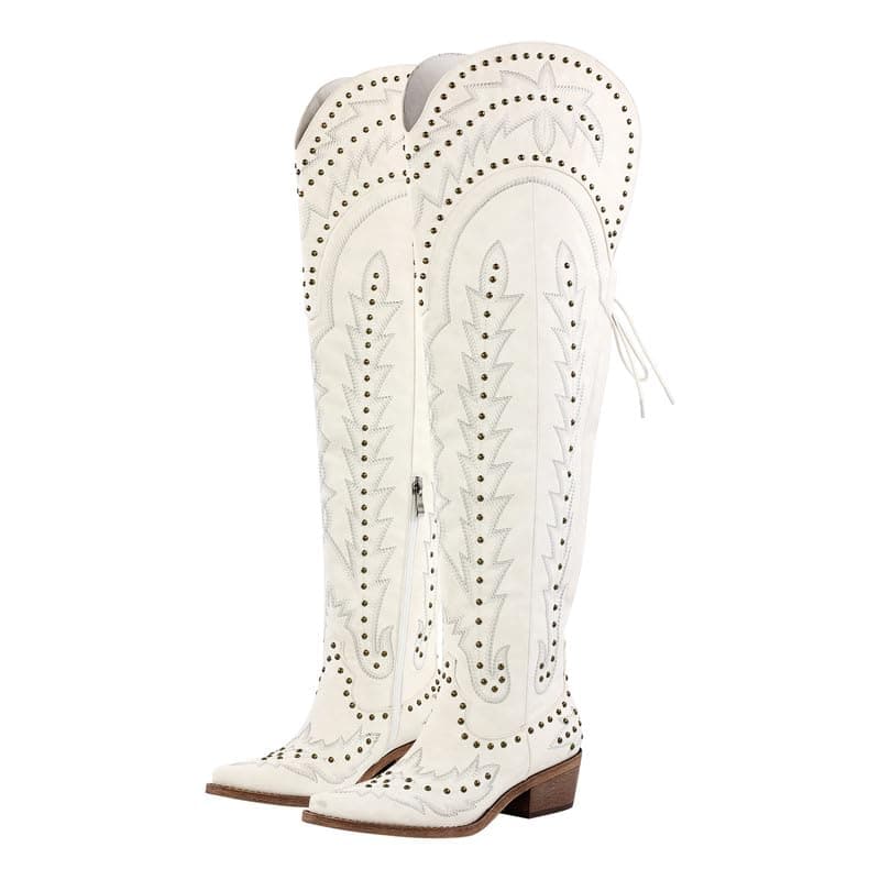 Sexytag Thigh High Western Cowboy Boots with Embroidery — Rivet White
