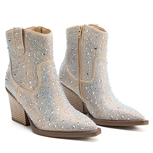 MaxMuxun Women's Sparkly Rhinestone Cowboy Boots Heel Booties