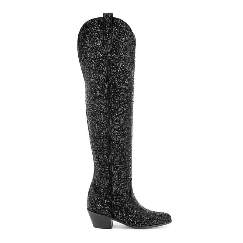 Atuelang Women's Sparkly Rhinestone Knee High Cowboy Boots — Black-thigh High