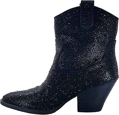 Forever Women's Rhinestone Mid-Calf Knee High Ankle Booties — Black Rhinestone