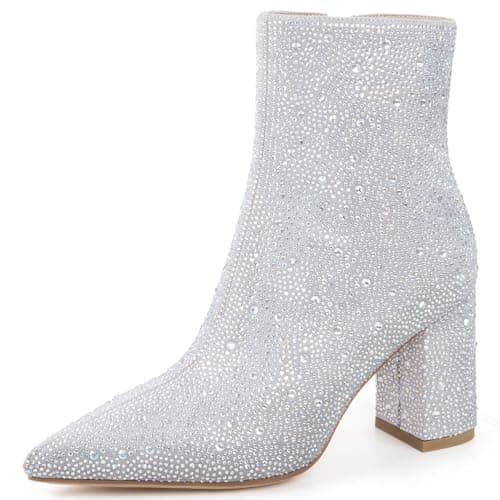 MISSMILLER Rhinestone Chunky Heel Pointed Toe Ankle Boots for Women — Silver