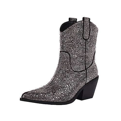 Vivianly Women's Mid-Calf Glitter Rhinestone Cowboy Boots — Black