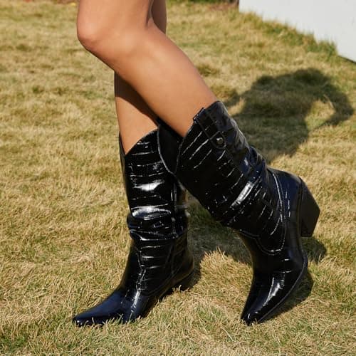 MISSMILLER Women's Embroidered Square Toe Cowboy Cowgirl Boots Western Mid Calf Heel