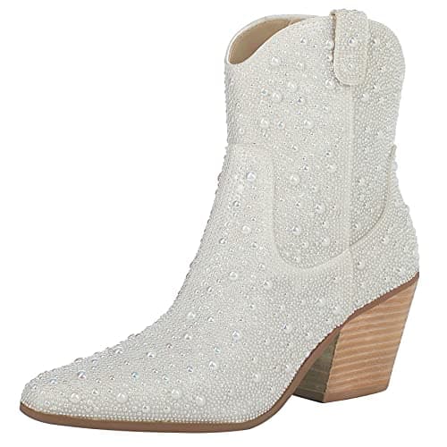 FIFSY Women's Glitter Rhinestone Chunky Heel Ankle Boots… — Pearl-white