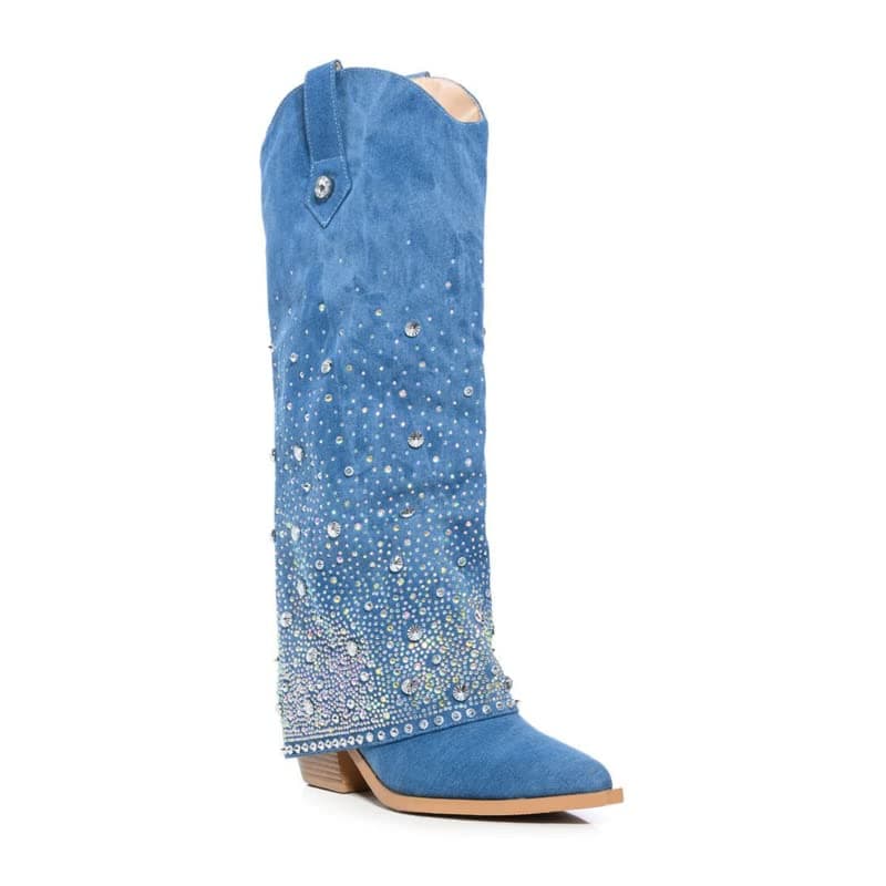 Sexyluxe Women's Sparkly Rhinestone Cowboy Bootie Knee High Jean Boots