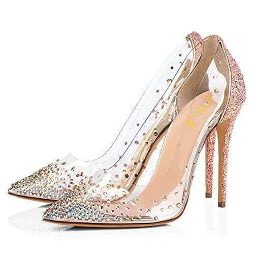FSJ Women's Studded Pointed Toe Transparent High Heels with Bowknot US 4-15 M — Rosy Gold-glitter