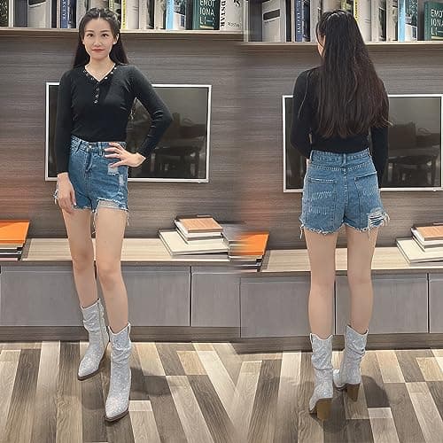 Rhinestone Boots for Women - Sparkly Cowboy Booties with Chunky Block Heel, Pearl Detail, and Pointed Toe