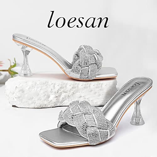 Loesan Women's Clear Lucite Rhinestone Heeled Mules Slip-On Wedding Slippers