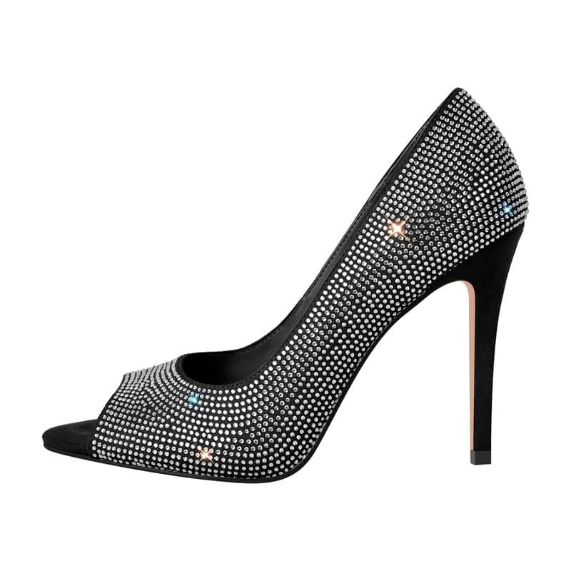 Richealnana Women's Rhinestones Pointed Toe Stiletto High Heels — Black-peeptoe