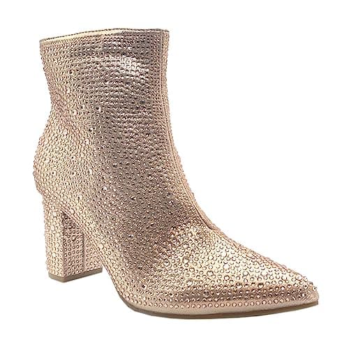 ABSOLEX Women's Pointed Toe Rhinestone Ankle Booties Heel — Rose Gold